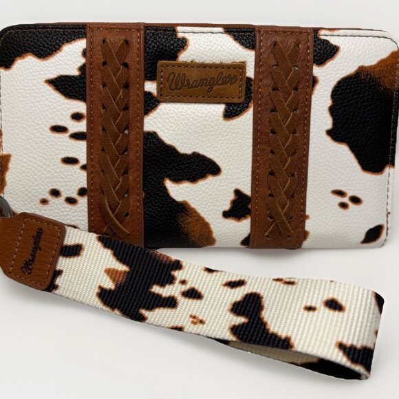 Wrangler Full Size Wallet Montana Cow Print With Wrist Strap-Brown NWOT - Picture 1 of 10